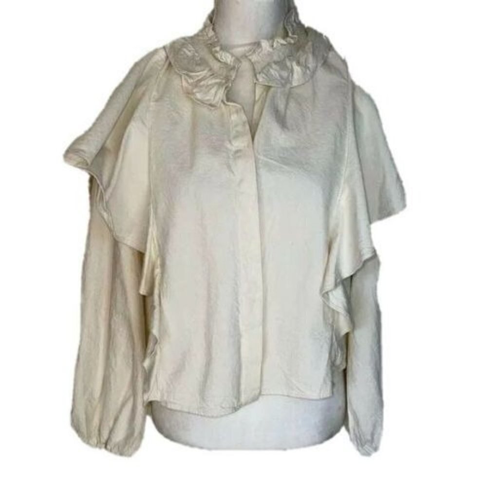 Zara Peasant Top Womens Medium M Cream Color Cotton Button Front Ruffle Detail
